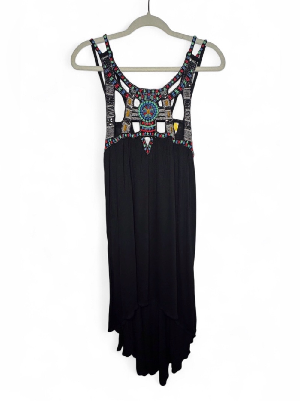 Free People Bohemian Aztec Embroidered Sequined Beaded Black Dress Women’s Large